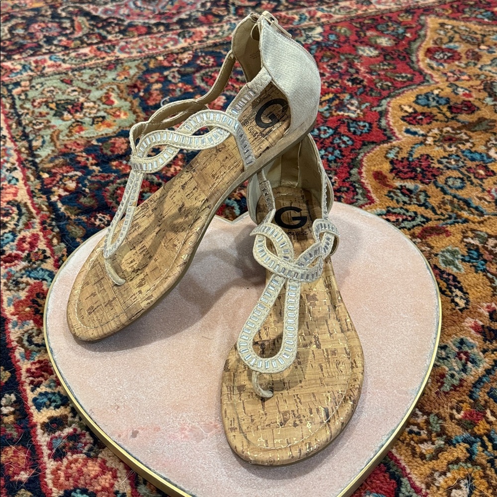 G by Guess Champagne and Cork Sandals with Rhinestone Accents